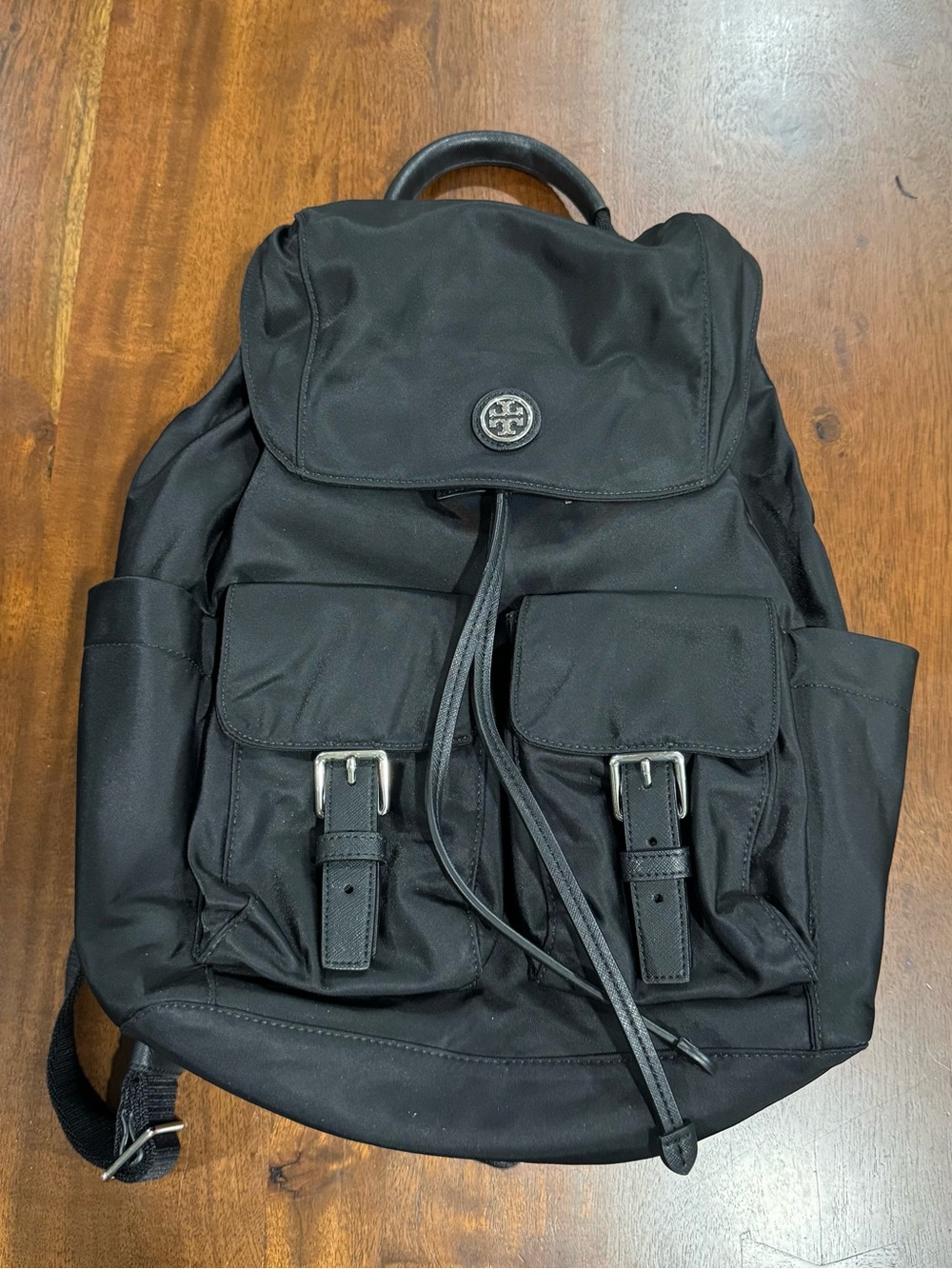 Tory Burch Virginia Drawstring Nylon Flap Backpack Black